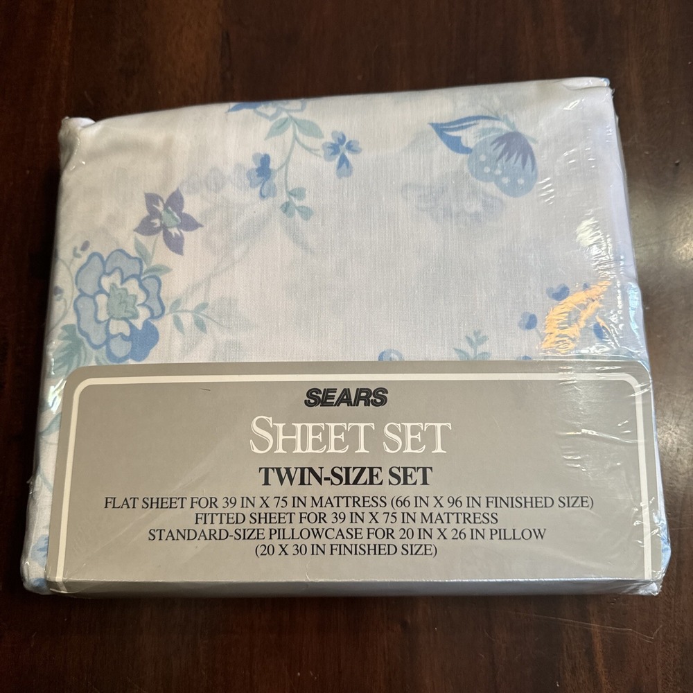 Vintage 70s Sears Twin‎ Sheet Set New Sealed Blue Butterflies Flowers White NOS